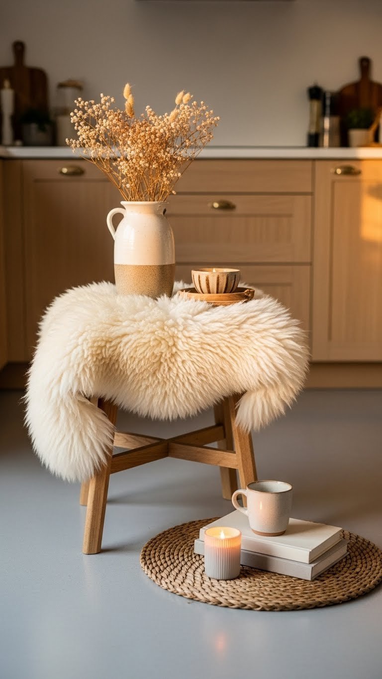 Cozy Scandinavian kitchen with hygge elements including sheepskin throw and dried flowers against light grey porcelain tile floor.