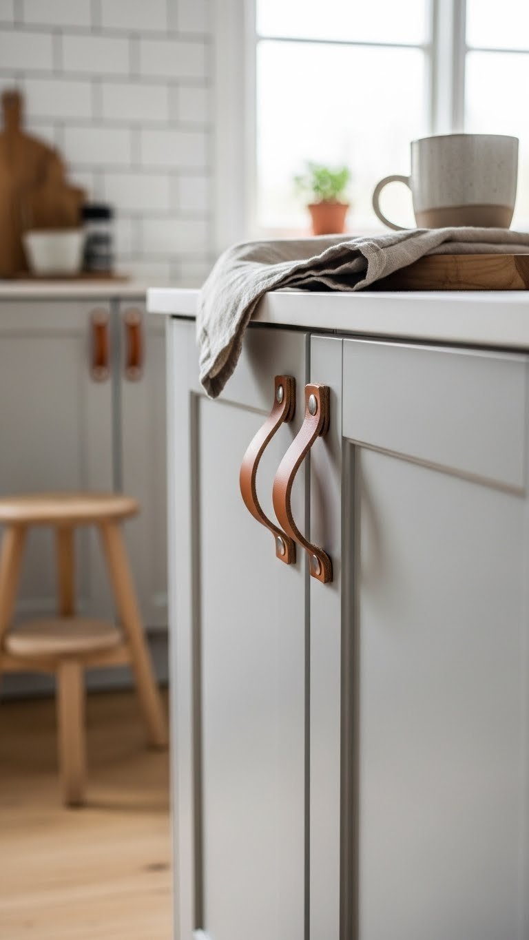 Cozy Scandinavian kitchen with soft tan leather strap handles on light grey cabinet doors and natural window lighting