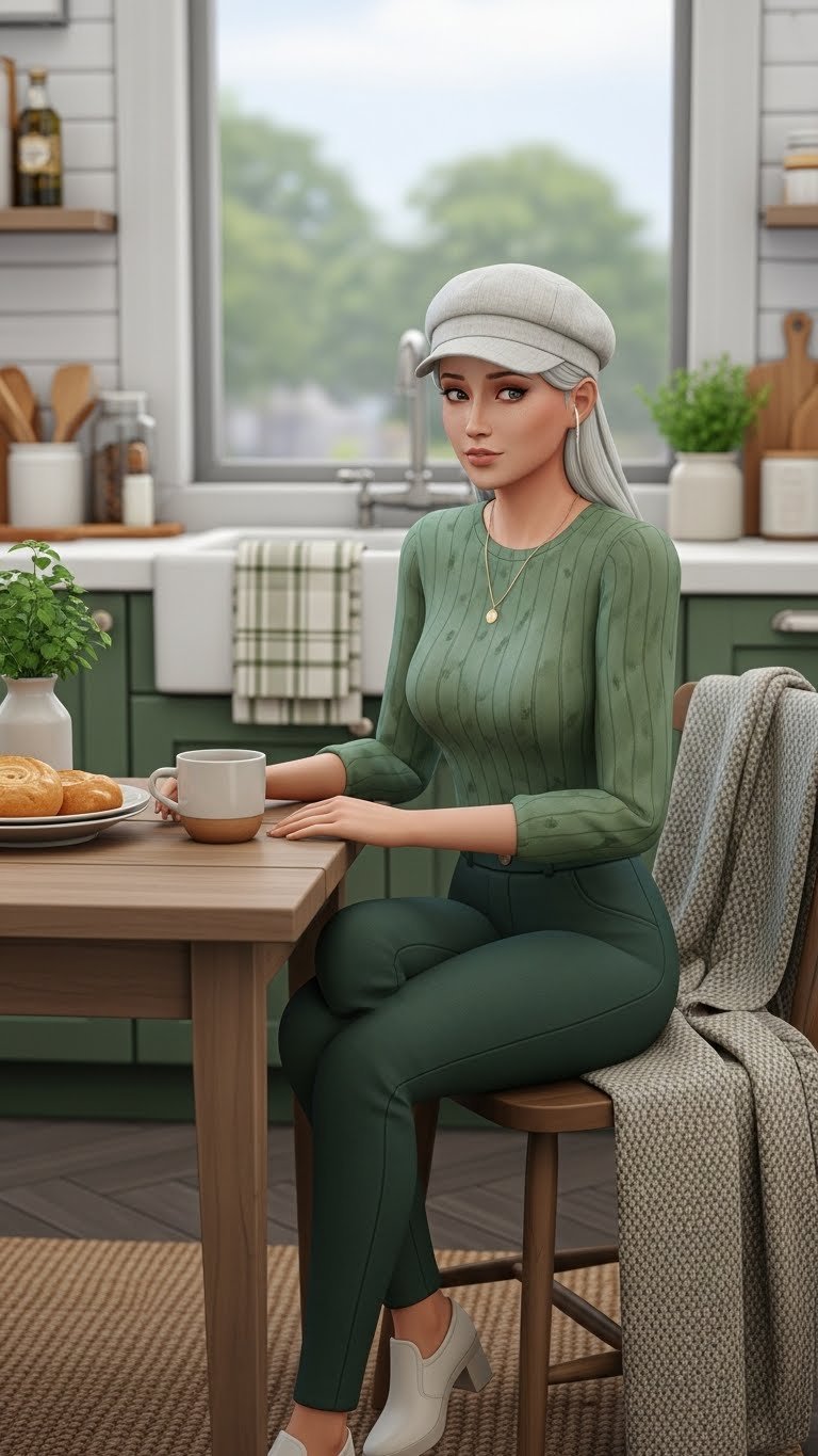 Cozy Sims 4 Scandi kitchen with natural elements like potted plants, woven rug, and linen towels for hygge atmosphere.