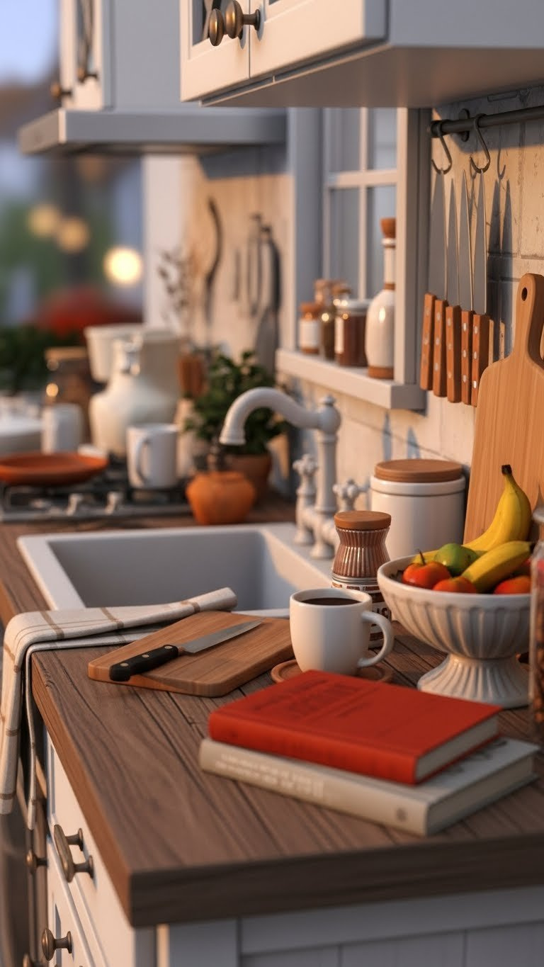 Cozy Sims 4 kitchen with aesthetic clutter, rustic wooden counters, and warm golden hour lighting for realistic ambiance