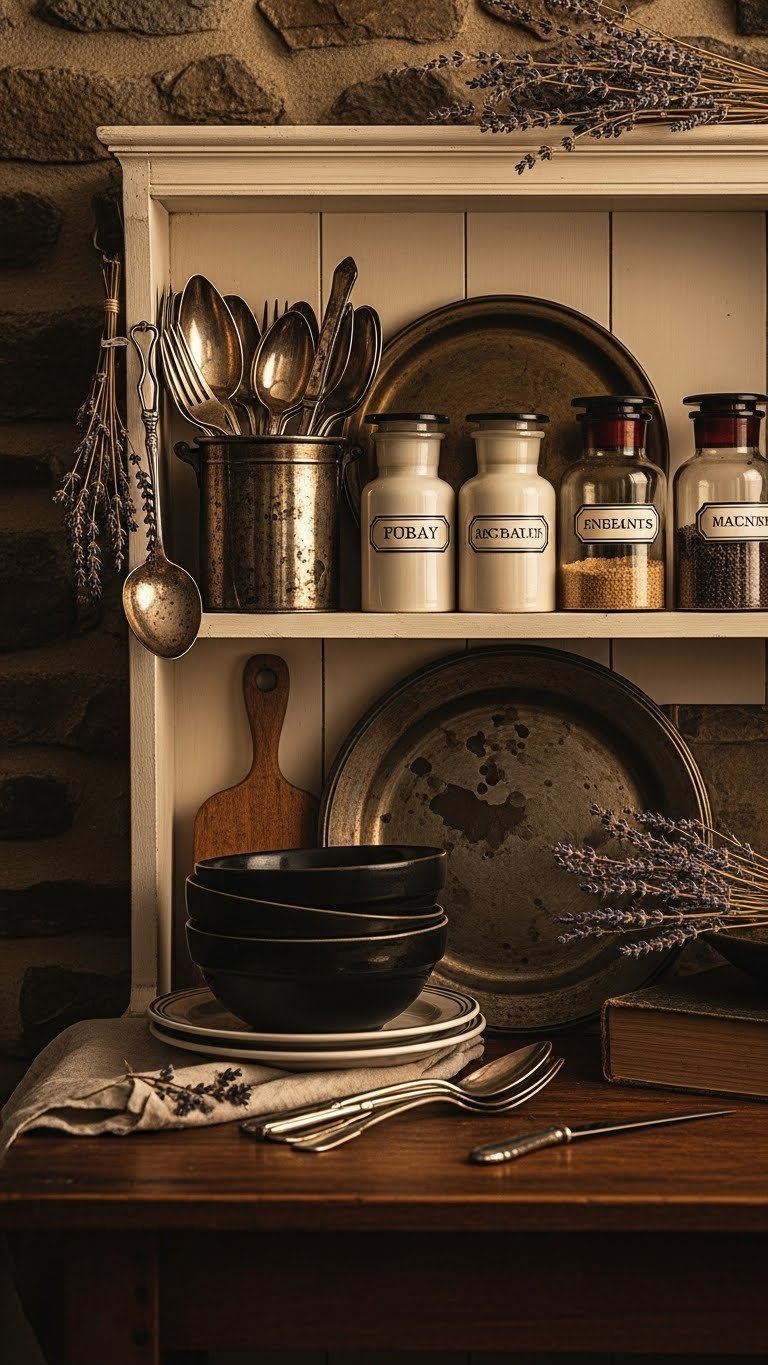 Cozy antique kitchen decor: tarnished silver, ceramic bowls, apothecary jars, dried lavender on a rustic open shelf.