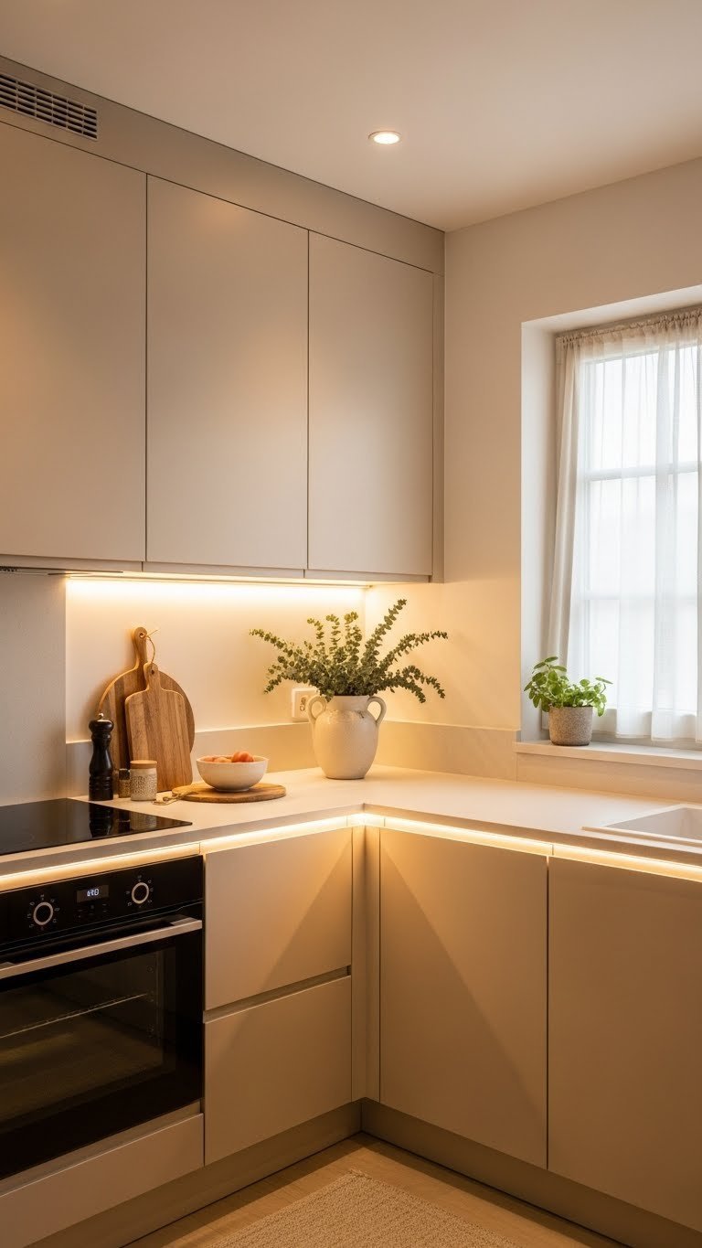 Cozy beige kitchen corner with layered LED lighting, pendant light, and recessed ceiling illumination creating warm atmosphere