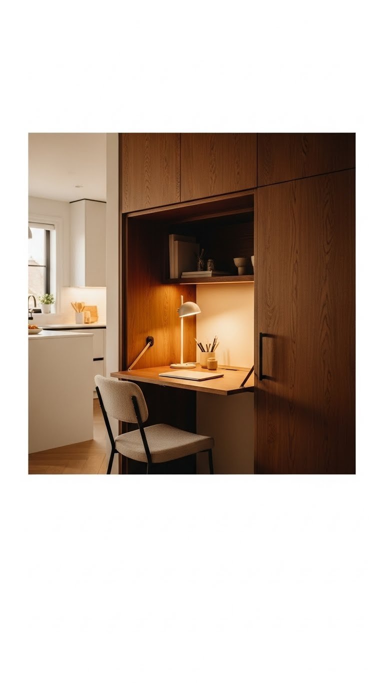 Cozy built-in desk 'cloffice' with fold-down desktop and integrated lighting, hidden in custom cabinetry. Seamless workspace in warm creams and wood.