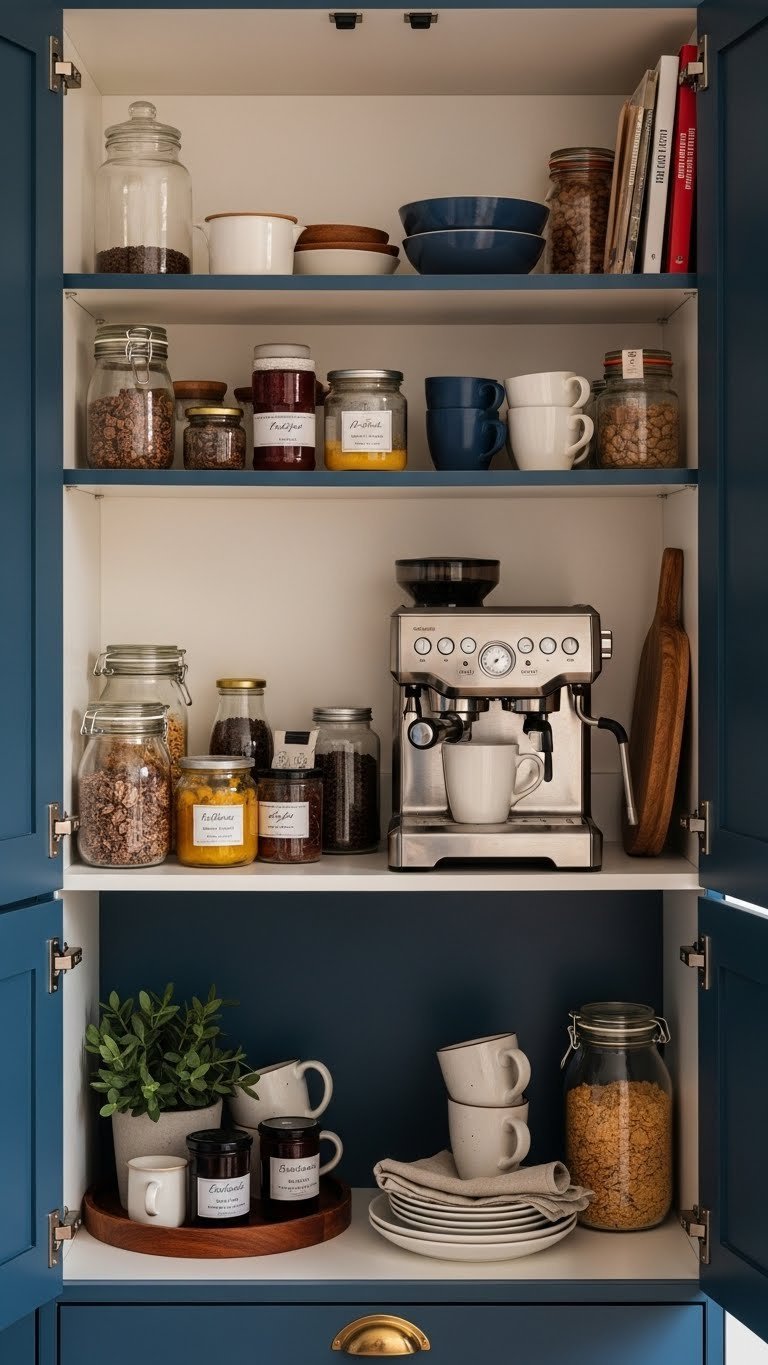 11 Smart Kitchen Cabinet Pantry Ideas For Ultimate Organization 5 Cozy coffee and breakfast station in a dark blue larder cabinet featuring a coffee machine, mugs, jams, and cereals.
