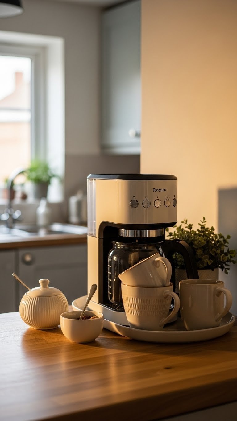 Cozy coffee bar nook with stylish coffee maker and mugs arranged on open shelving in kitchen