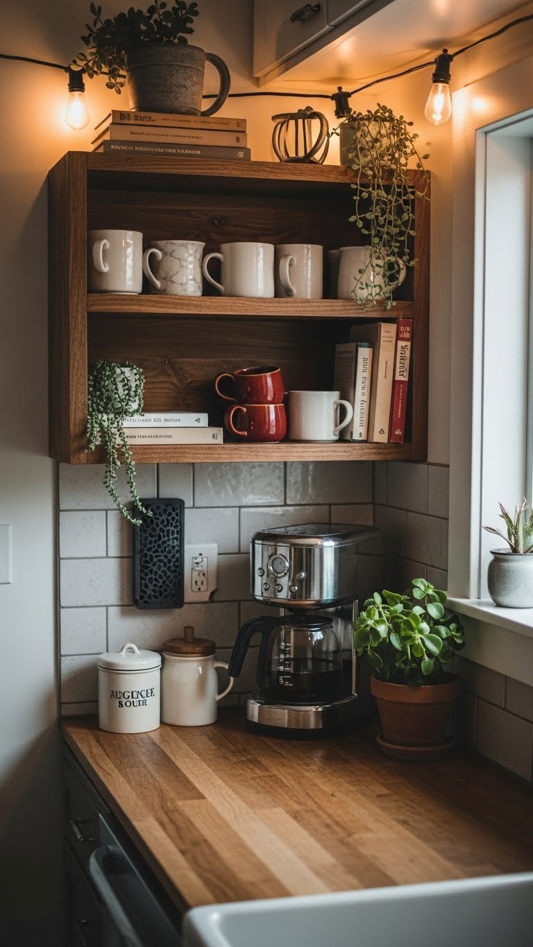 Cozy coffee bar nook with vintage coffee maker and rustic mugs in warm U-shaped kitchen