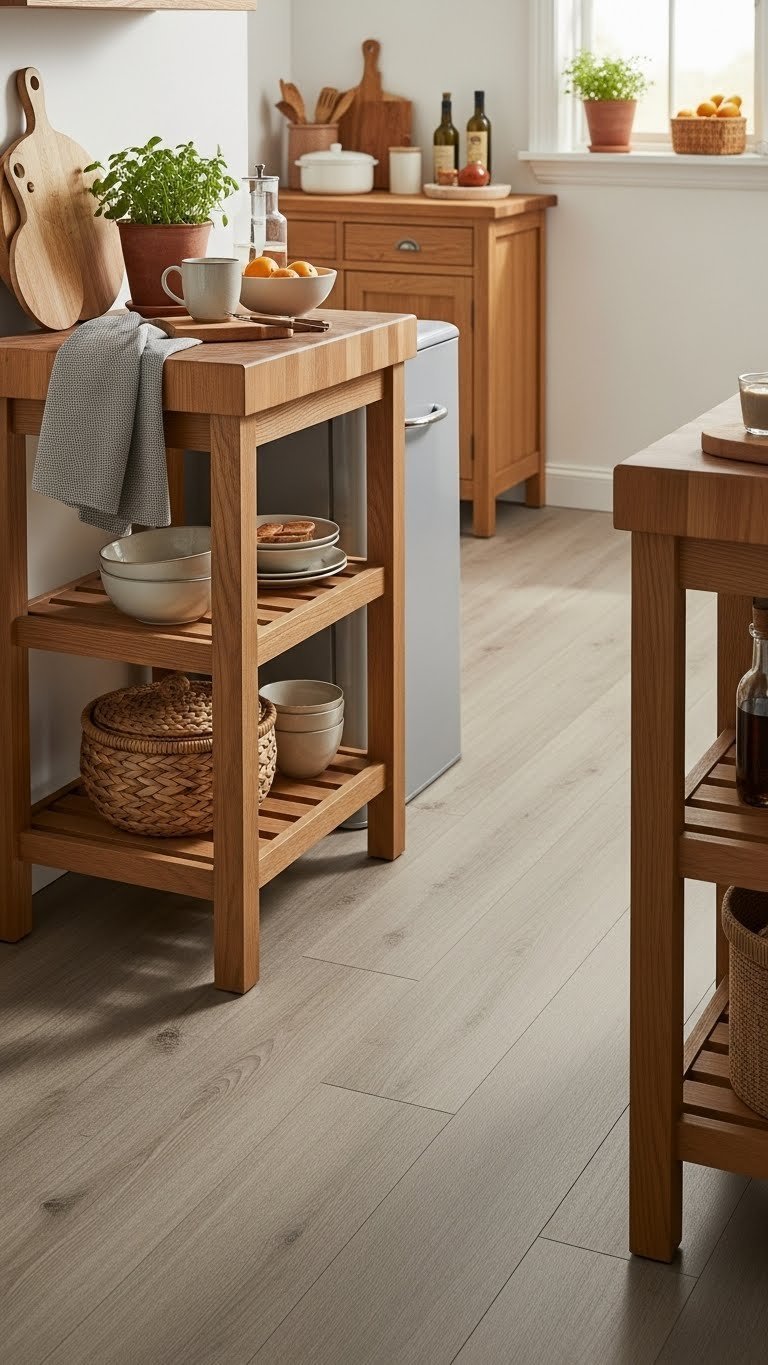 Cozy compact kitchen with warm grey vinyl plank flooring, oak open shelving, butcher block island, and golden hour lighting for inviting atmosphere.