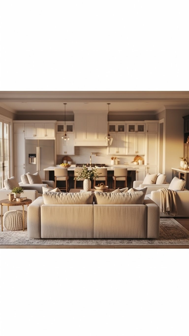 Cozy conversation pit: modular sofa & chairs for open living room zone. Warm tones.