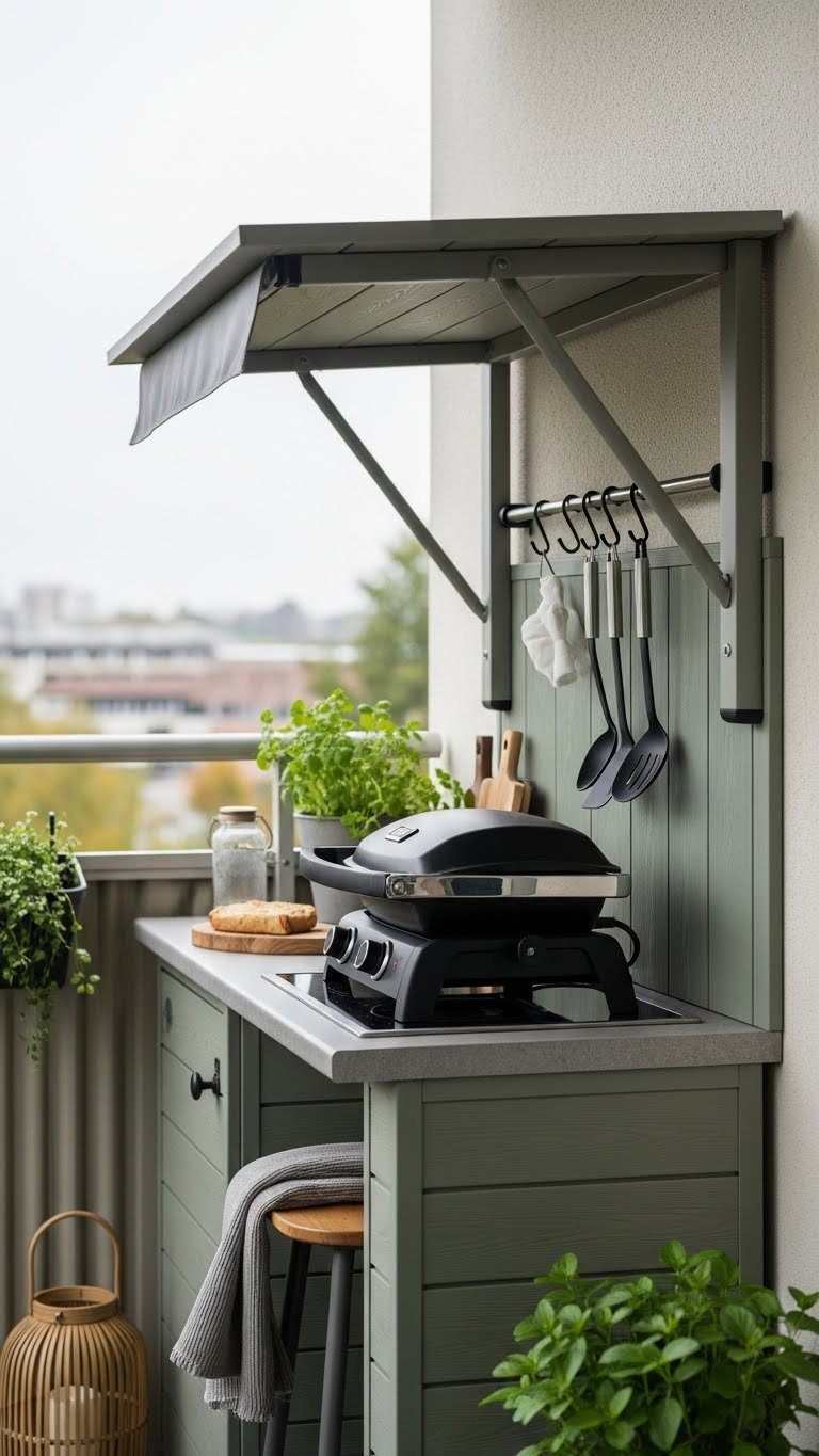 Cozy covered cooking nook with electric grill under pergola shelter for year-round balcony use