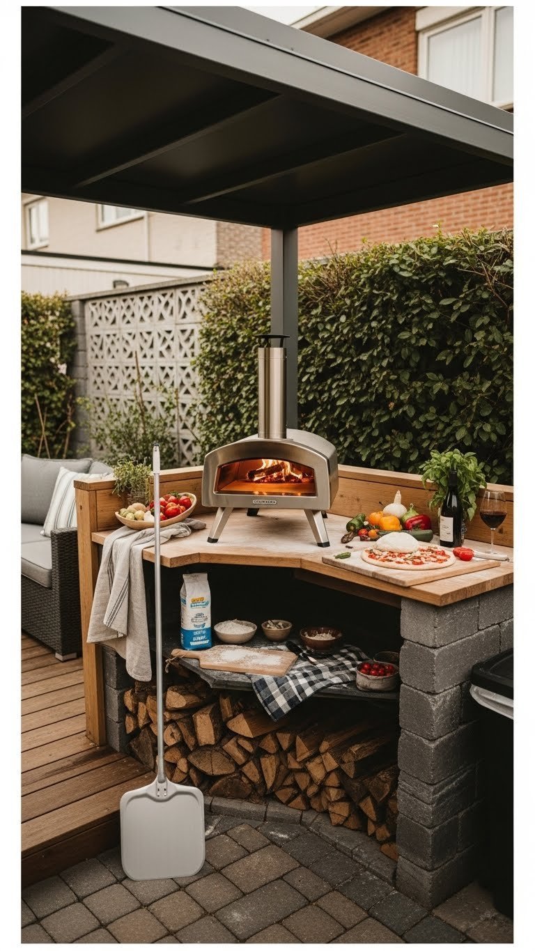 Cozy covered outdoor pizza oven setup with fresh ingredients under pergola in backyard corner
