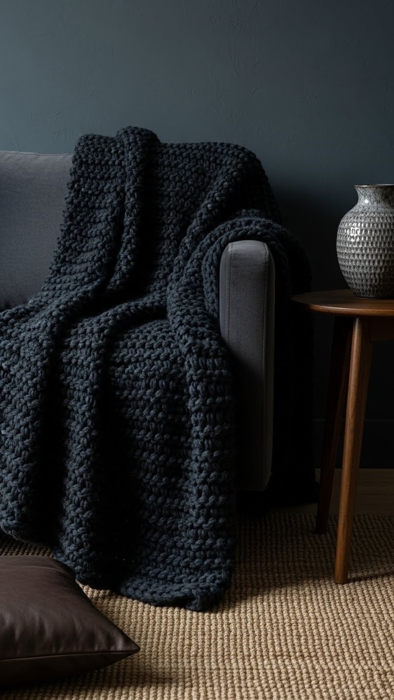 Dark Kitchen Living Room Aesthetic: 7 Essential Chic Ideas 4 Cozy dark charcoal velvet sofa with chunky knit blanket and wood side table. Rich textured living room interior design.