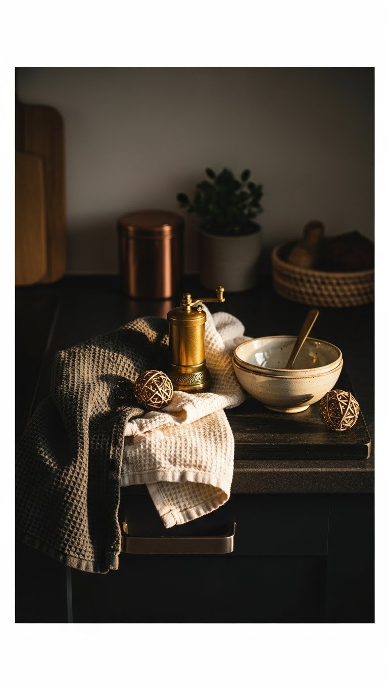 Cozy dark kitchen styling: textured linen towels, brass pepper mill, ceramic bowl on dark surface in warm golden light.