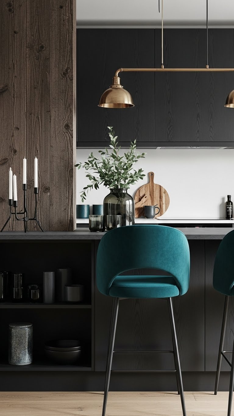 Cozy dark kitchen with matte black cabinetry, luxurious velvet bar stools, rough wood grain, and brass accents. Rich material blend.
