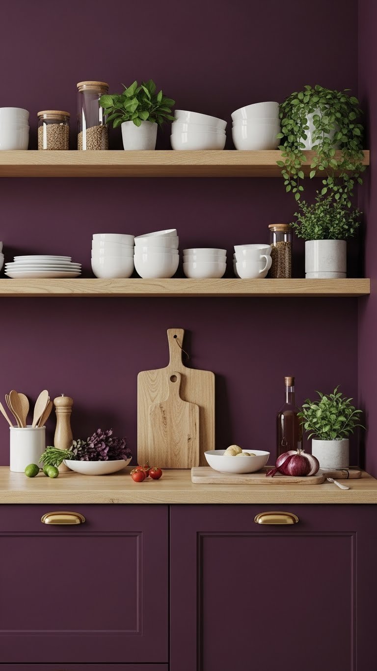 Cozy dark purple kitchen features an aubergine wall, light wood open shelves with white ceramics, plants, and wooden details.