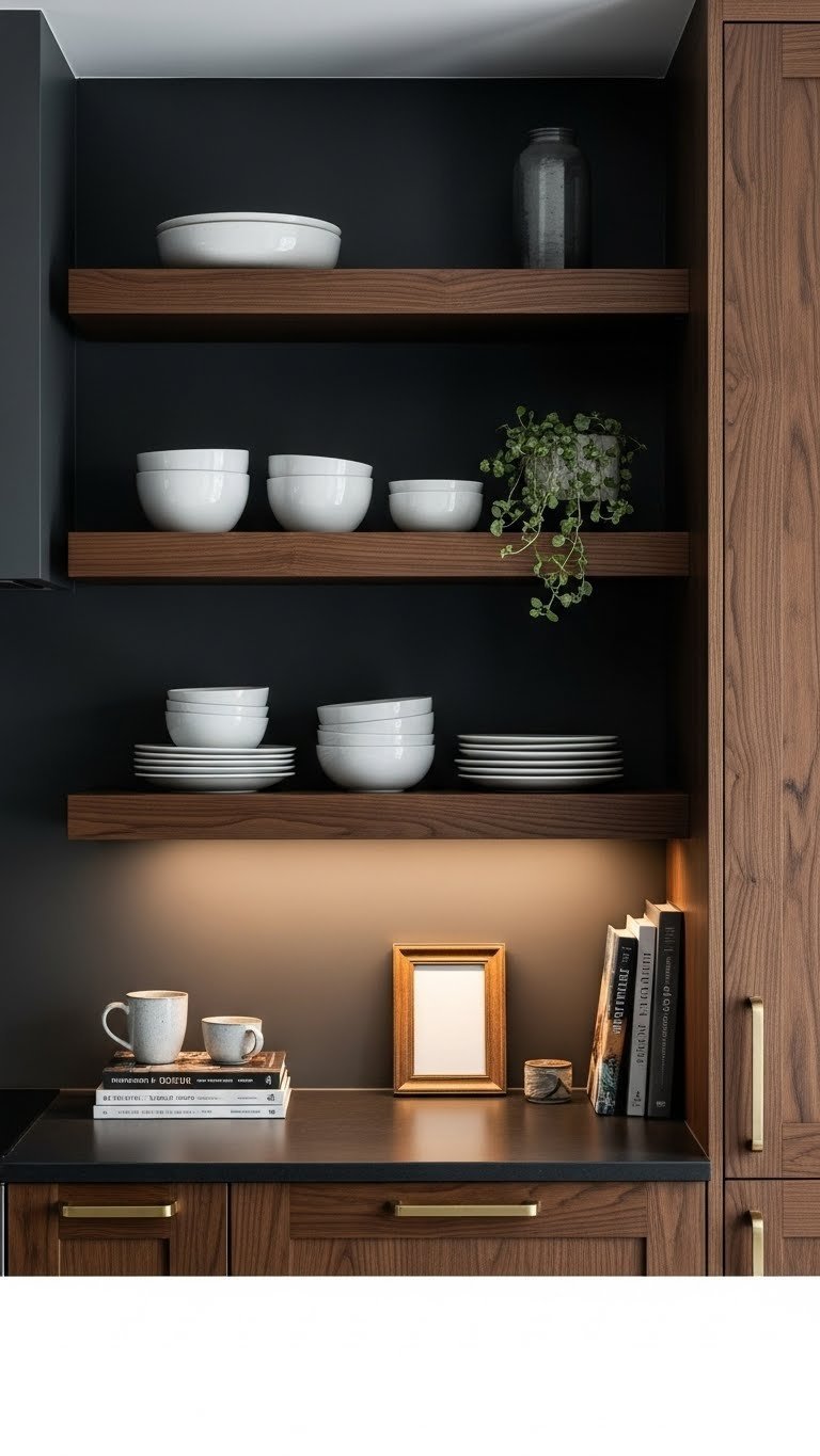 Cozy dark scandi kitchen with warm wood open shelving displaying white ceramics and soft under-cabinet lighting.