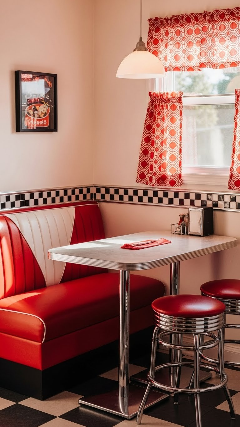 Cozy diner-style banquette seating nook with red vinyl upholstery and retro table in compact corner
