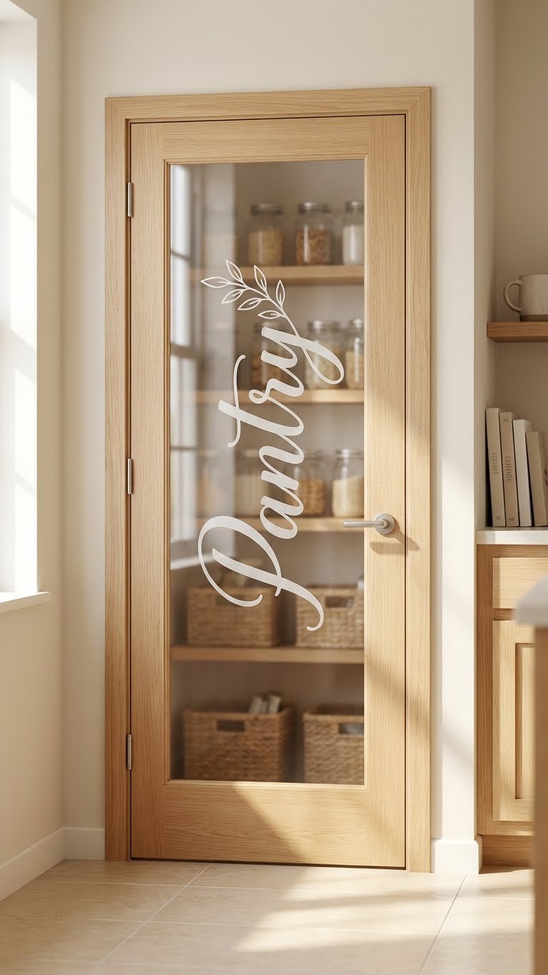 Cozy functional kitchen shows a DIY customized glass pantry door with a stylish vinyl decal and simple silver hardware on a light tile floor.