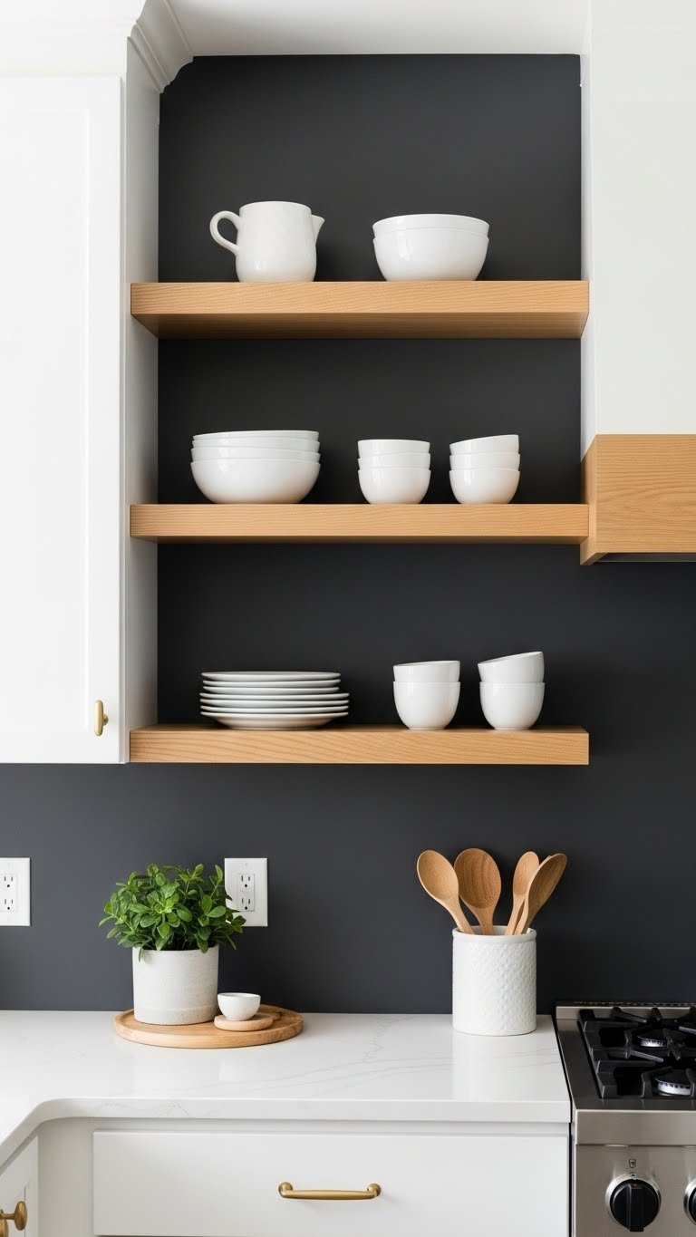 Cozy high-contrast kitchen with white cabinets, warm wood floating shelves, minimalist dishes, and a dark gray wall.