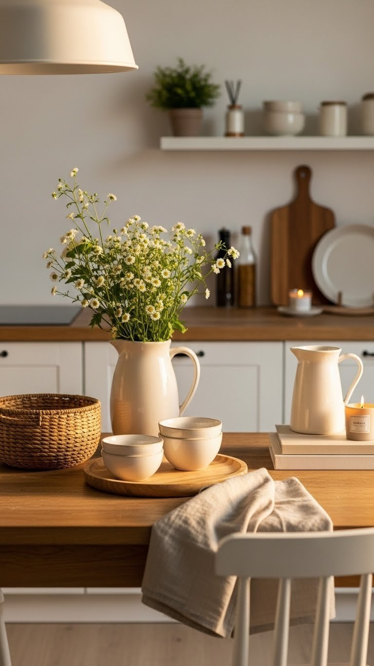 Cozy hygge kitchen decor with woven baskets, ceramic ware, and greenery on wooden countertop surface