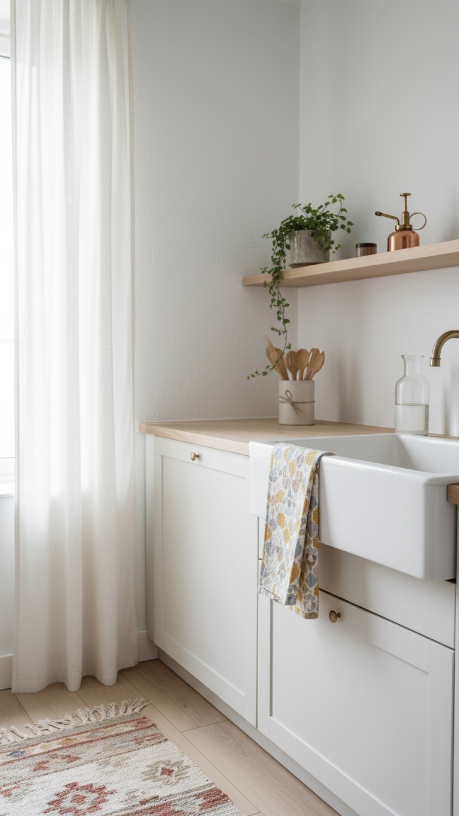 Cozy kitchen corner with linen curtains and woven textiles creating warm scandi retro atmosphere