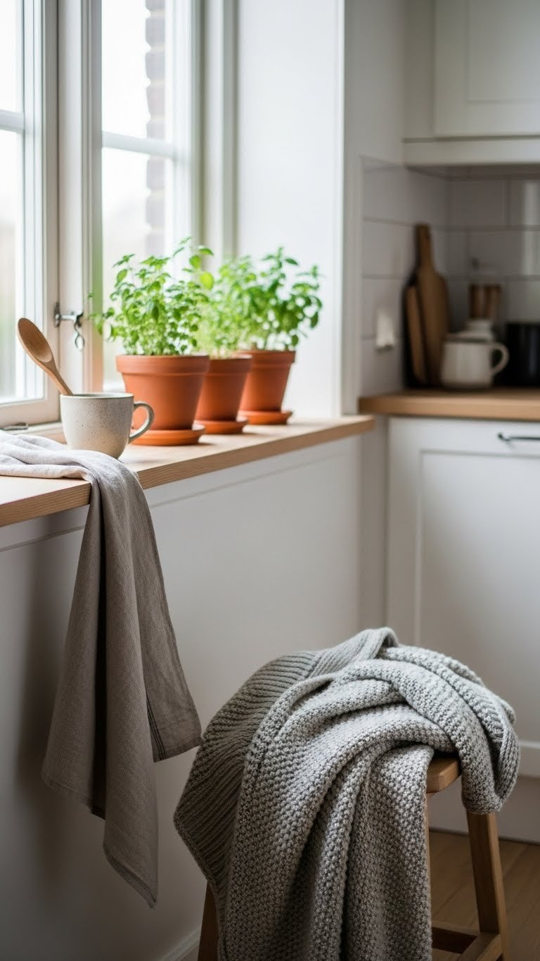 Cozy kitchen corner with potted herbs, linen towel, and knitted blanket creating inviting Scandinavian interior design details.