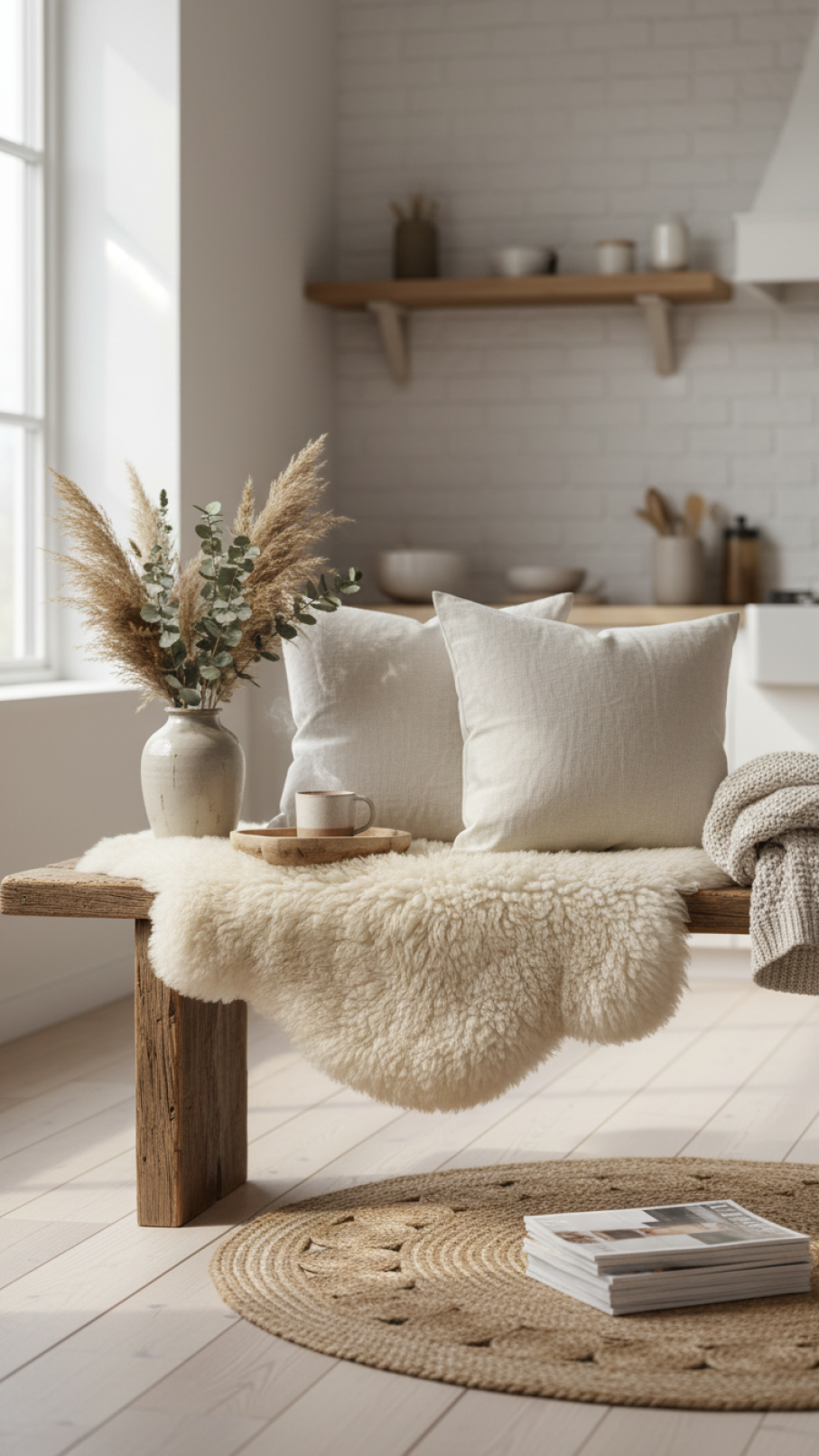 Cozy kitchen corner with sheepskin throw and linen cushions on rustic wooden bench with natural textures