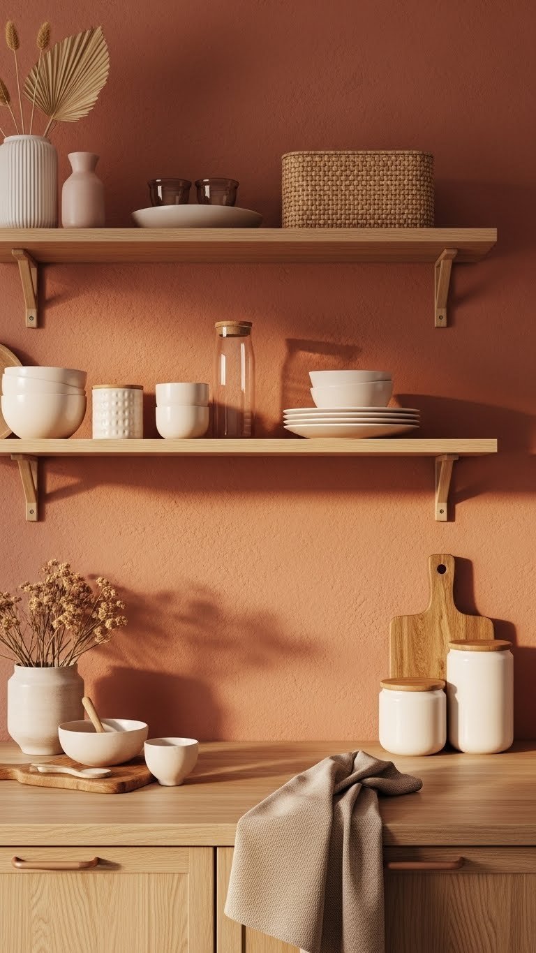 Dark Pink Kitchen Aesthetic: 7 Elegant Ideas To Try 11 Cozy kitchen featuring muted terracotta pink walls, natural wood floating shelves, and woven textures. Dried flowers, ceramic canisters.