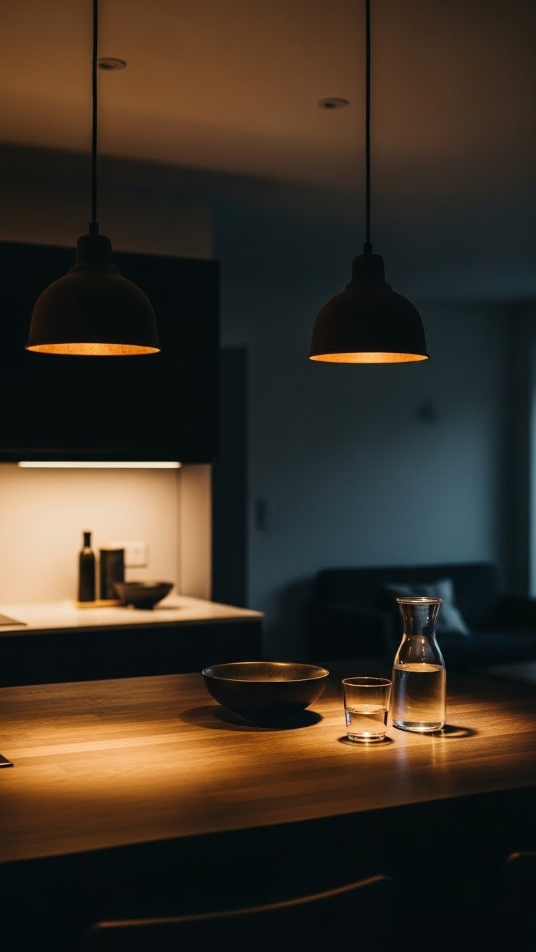 Cozy kitchen island at dusk: warm pendant lights illuminate dark wood surface, with subtle under-cabinet LEDs and ceramic bowl.