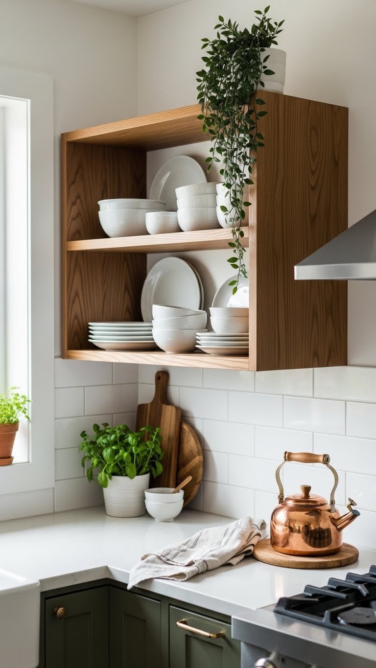 Cozy kitchen: natural wood open shelf with white dishes, plant, dark green cabinets, and white subway tile.