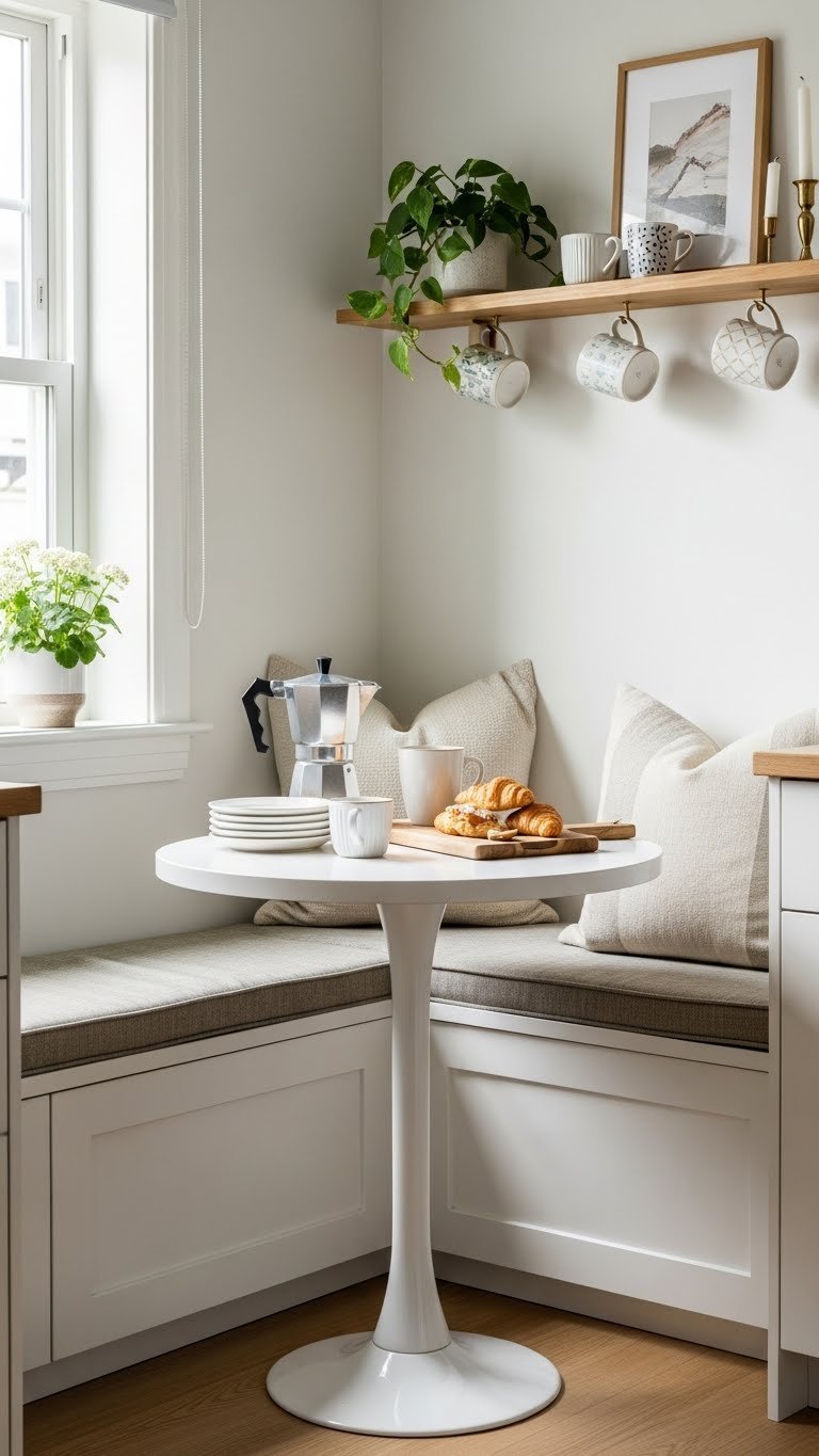 Cozy kitchen nook with built-in bench storage and small round table for coffee station