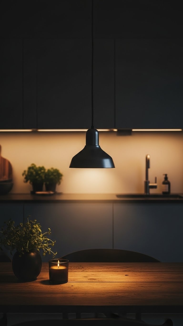 Moody Scandi Kitchen: 5 Genius Tips For A Dark Modern Look 5 Cozy kitchen pendant light casting warm glow on dark countertop with atmospheric layered lighting