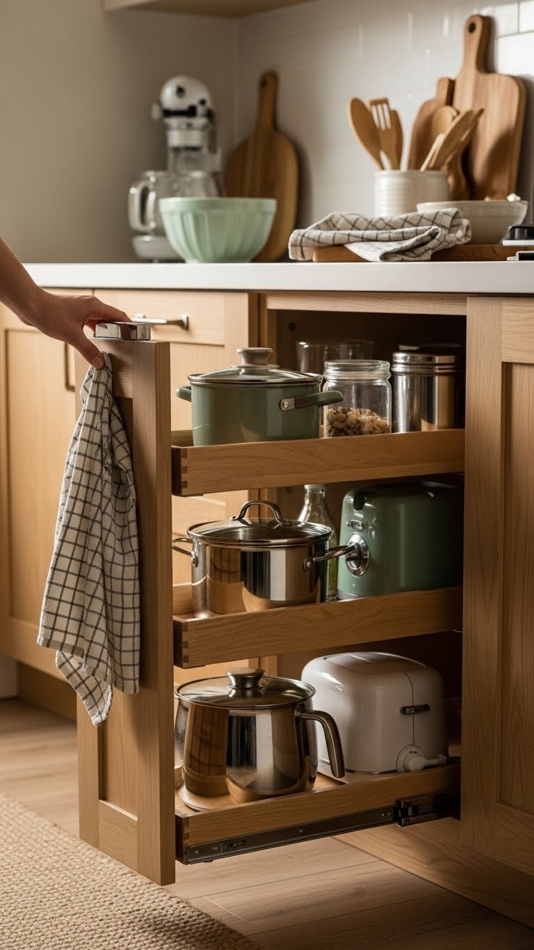 Proven Pull Out Pantry Ideas: Maximize Space In Any Kitchen 5 Cozy kitchen with DIY wooden roll-out shelves extended from a base cabinet, organizing pots, pans, and small appliances.