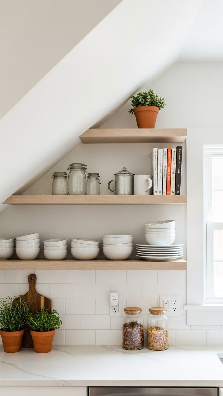 Cozy kitchen with angled open shelving following vaulted ceiling pitch displaying organized kitchenware and potted herbs
