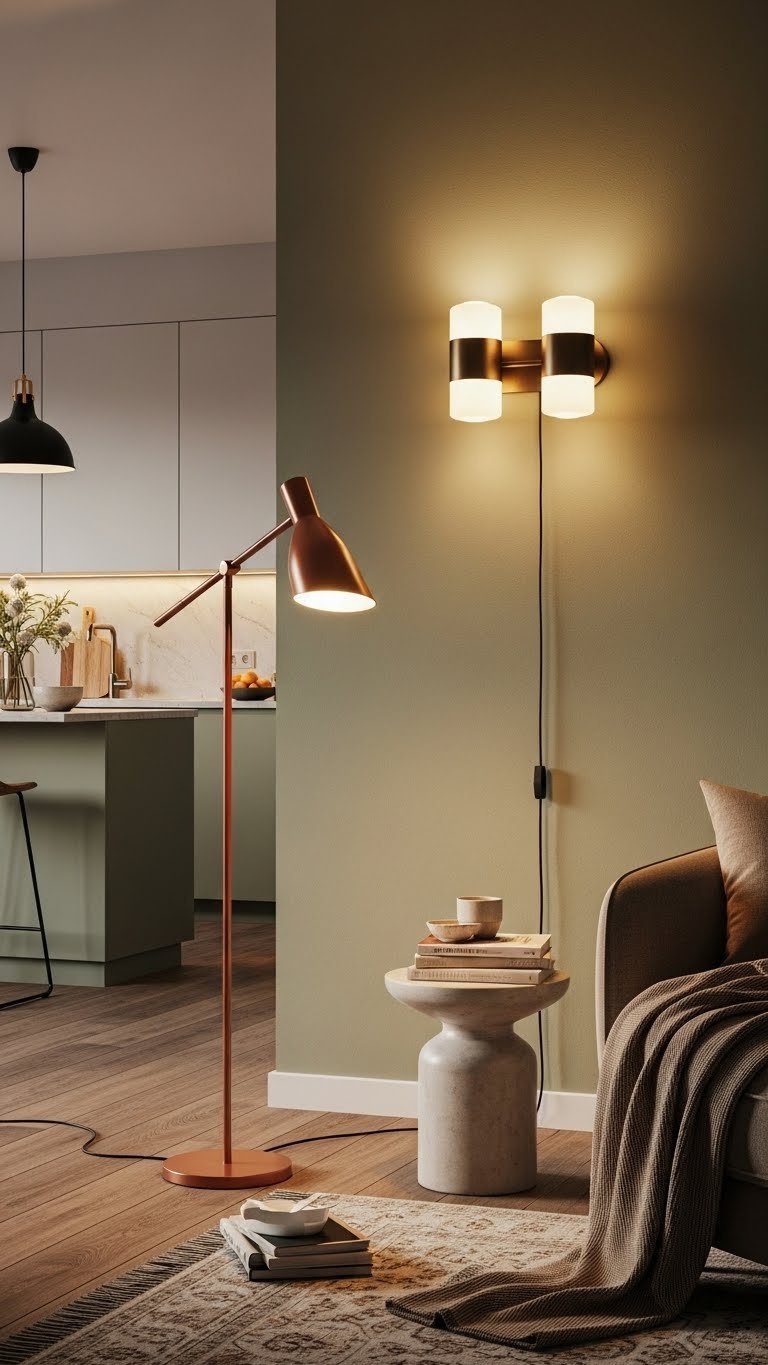 Cozy living room nook with stylish floor lamp & minimalist wall sconces providing soft, warm accent lighting. Open concept interior.