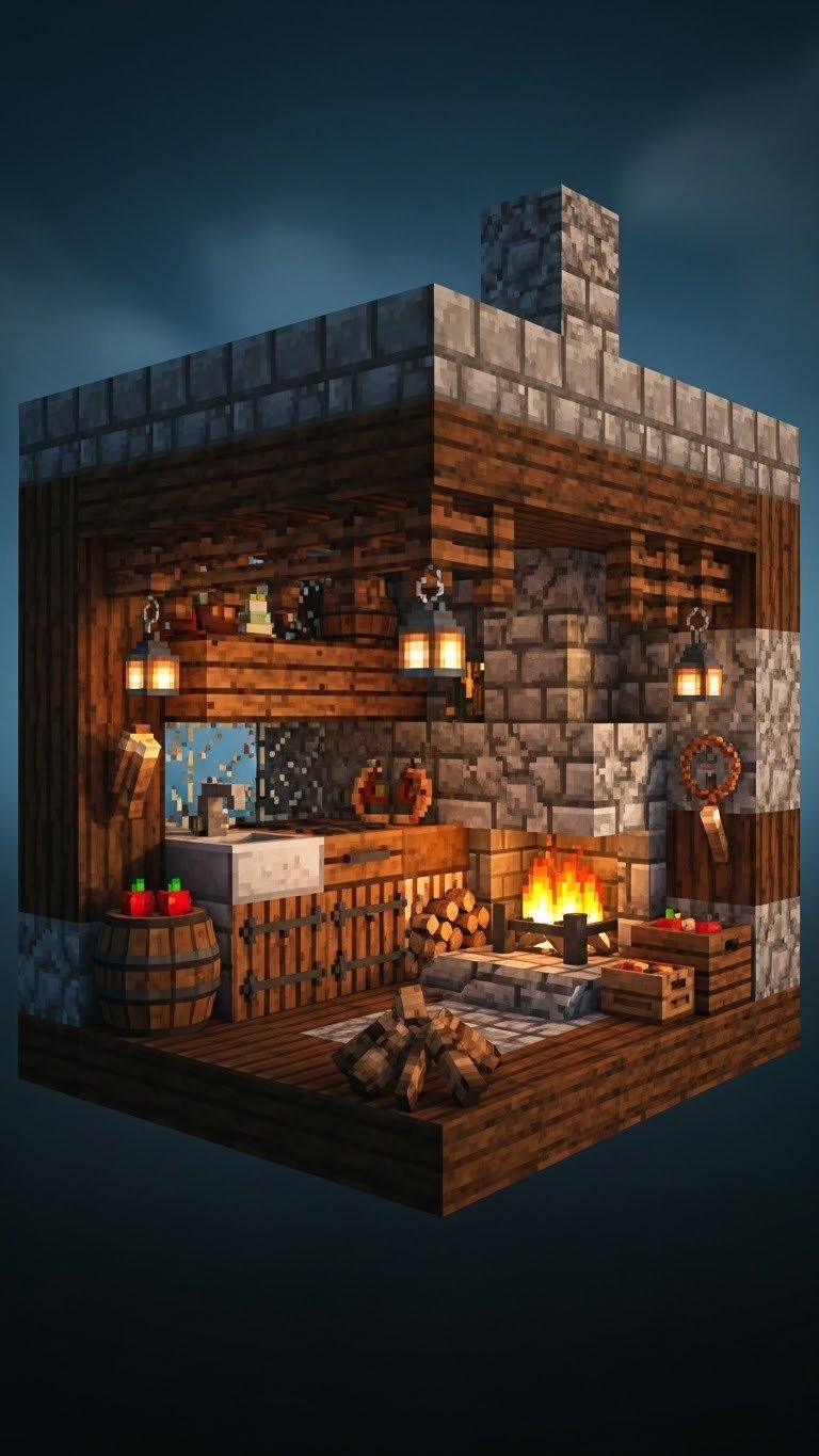 Cozy medieval-inspired Minecraft kitchen with stone brick walls, fireplace, and rustic oak beams