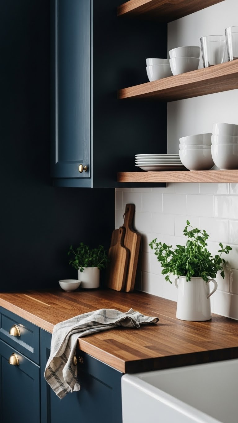 Dark Kitchen Aesthetic Apartment: Chic &Amp; Cozy Design Guide 5 Cozy navy blue kitchen with warm mahogany butcher block countertop, open wood shelves, and white ceramics.
