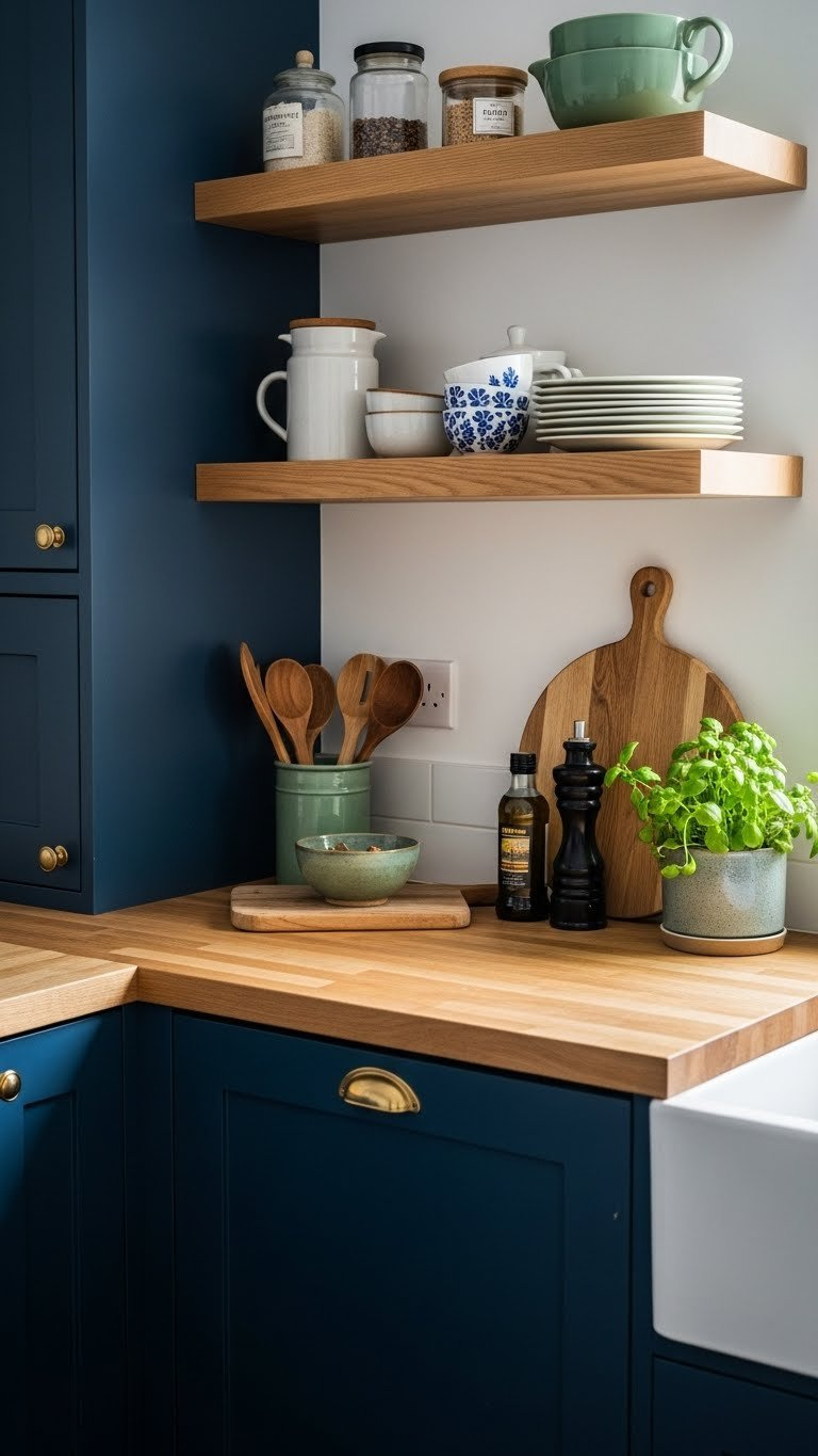 Cozy navy kitchen with warm butcher block countertops, floating oak shelves, and green herbs in ceramic pots creating inviting atmosphere