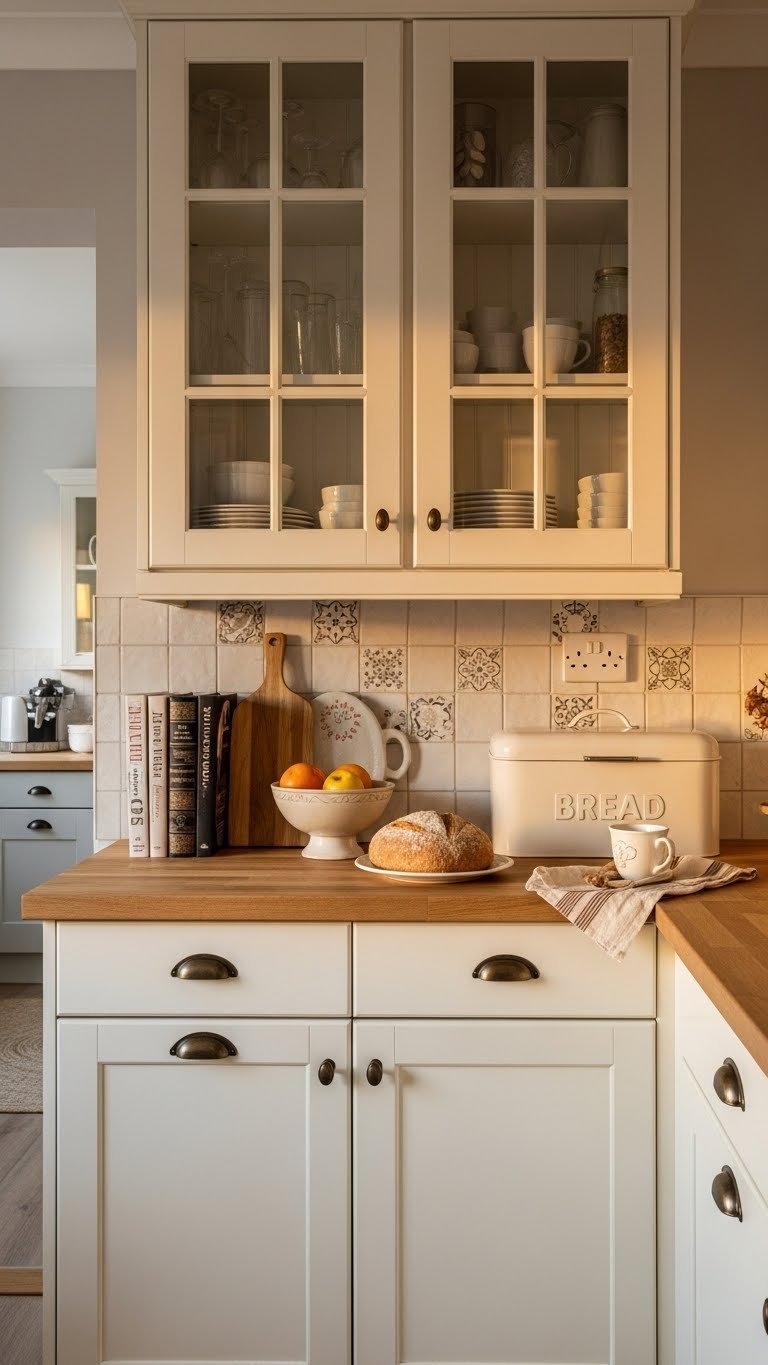 Cozy off-white kitchen cabinets with bronze hardware and ceramic backsplash on wooden countertop with warm lighting.