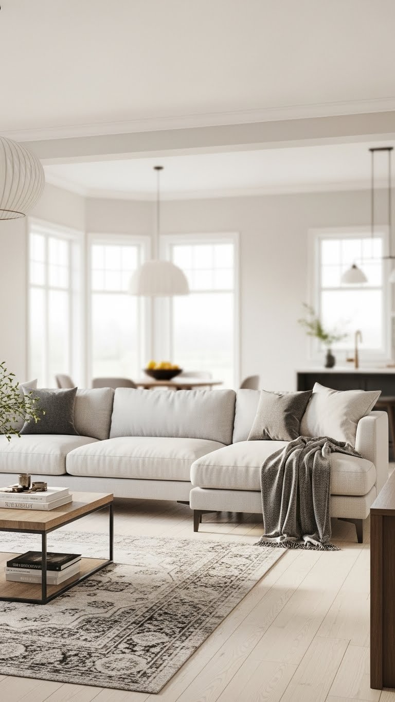 Cozy open concept kitchen living room with a large gray sectional sofa, area rug, and pendant light creating distinct zones. Modern home decor in warm creams and soft grays.