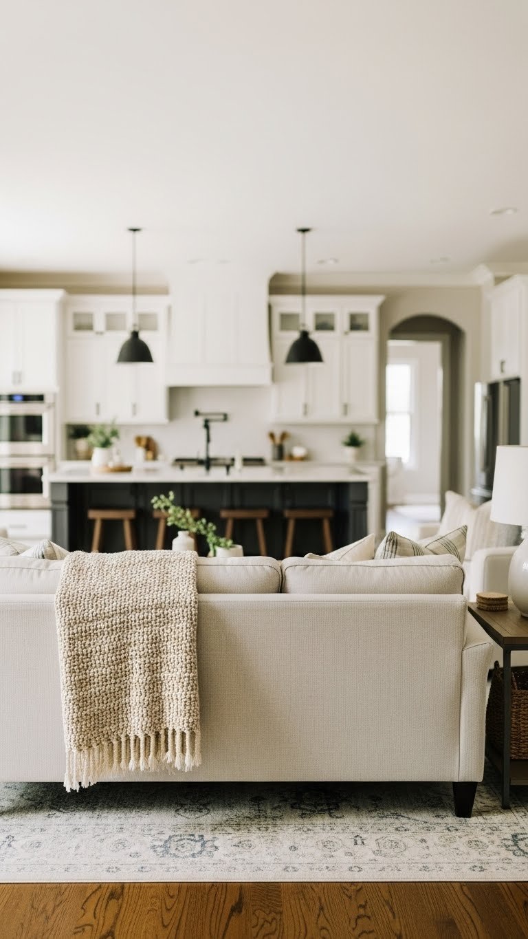 Cozy open kitchen living room features a low-slung sectional sofa on a large rug, defining a living zone. Warm creams and grays dominate this inviting modern home interior.