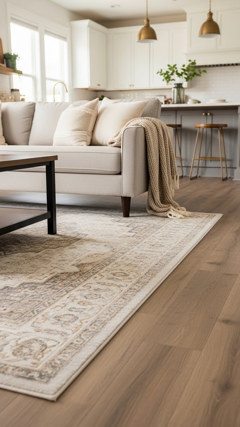 Cozy open plan living room with large textured area rug, sofa, and coffee table, separating from kitchen. Warm creams and natural woods create inviting space.