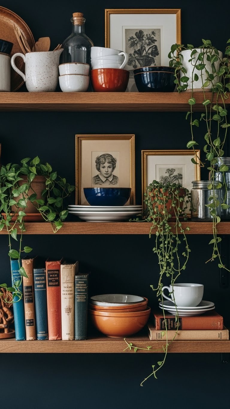 Cozy open shelving eclectic kitchen with mismatched ceramics, antique cookbooks, framed art, and trailing plants on rustic shelves.