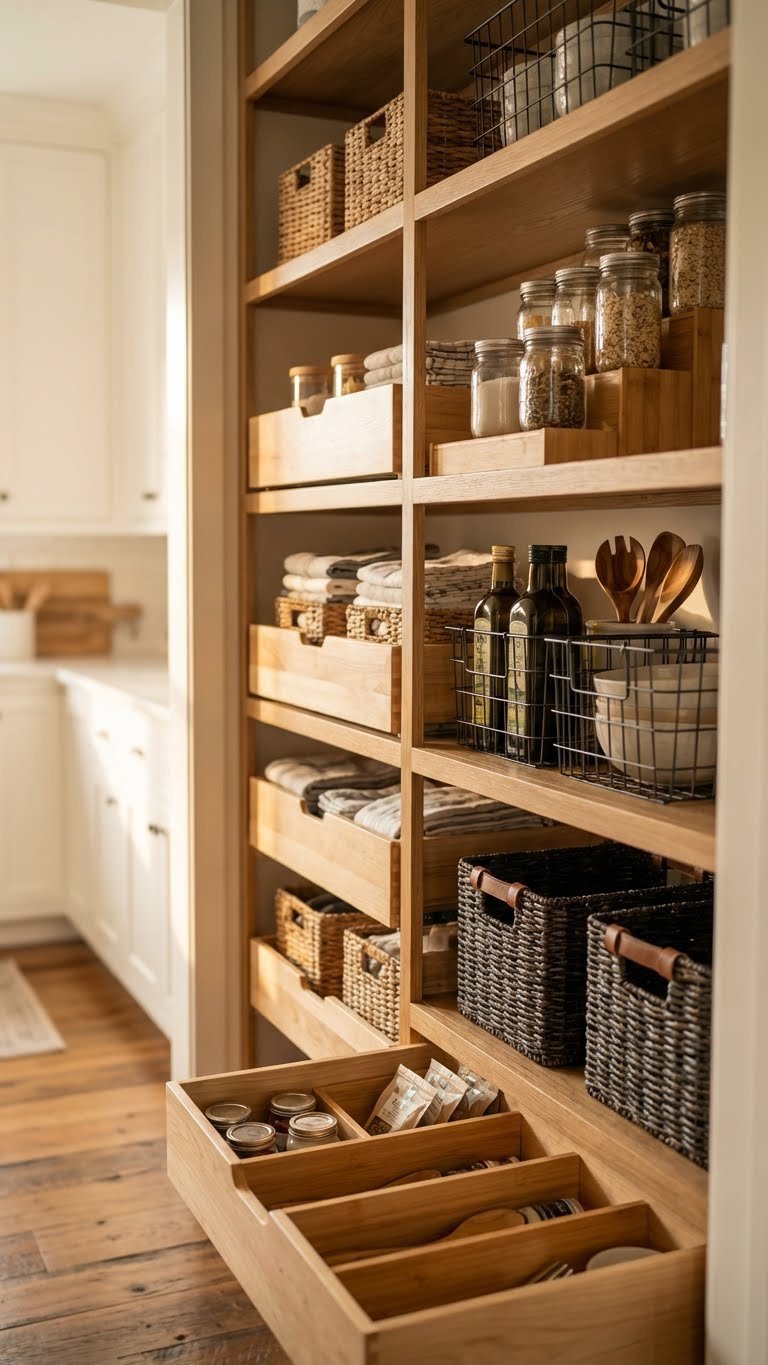 7 Genius Kitchen Pantry Closet Ideas For Ultimate Storage 3 Cozy, optimized deep kitchen pantry with wooden shelves, pull-out drawers, tiered risers, and labeled bins for efficient food storage.