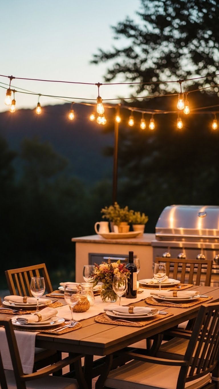 Cozy outdoor dining area with string lights above stylish table setting near kitchen