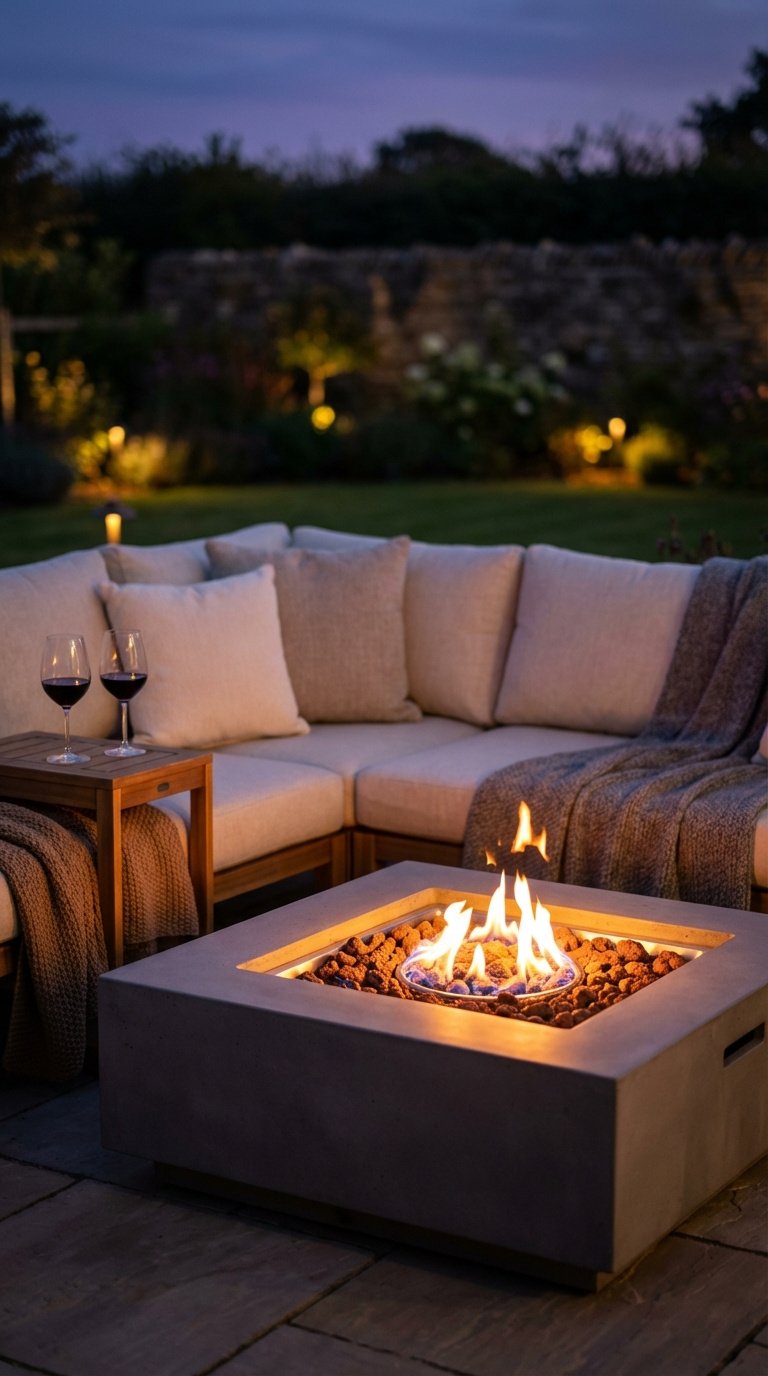 Outdoor Kitchen Entertaining Ideas Proven Tips For Homeowners 5 Cozy outdoor fire pit lounge with concrete gas fire pit and comfortable sectional sofa at twilight.