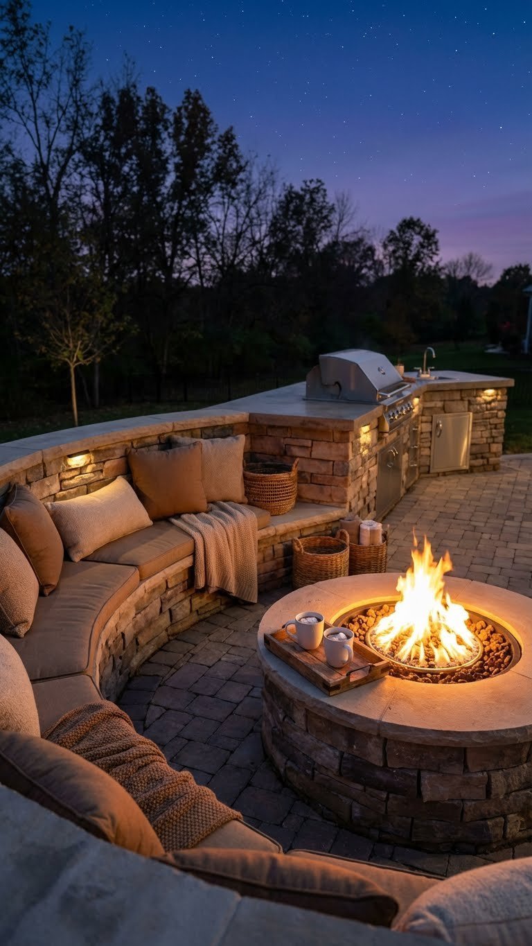 Outdoor Kitchen Patio Ideas 11 Proven Designs For Any Space 21 Cozy outdoor living space with built-in kitchen flowing into curved fire pit seating