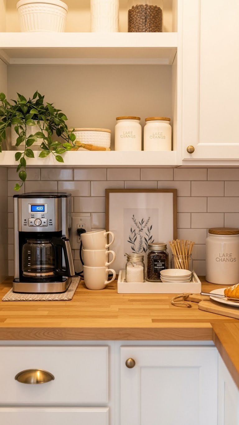 Cozy pantry coffee bar nook with a sleek coffee maker, stacked mugs, and fresh pastry on a butcher block counter, illuminated by warm light.