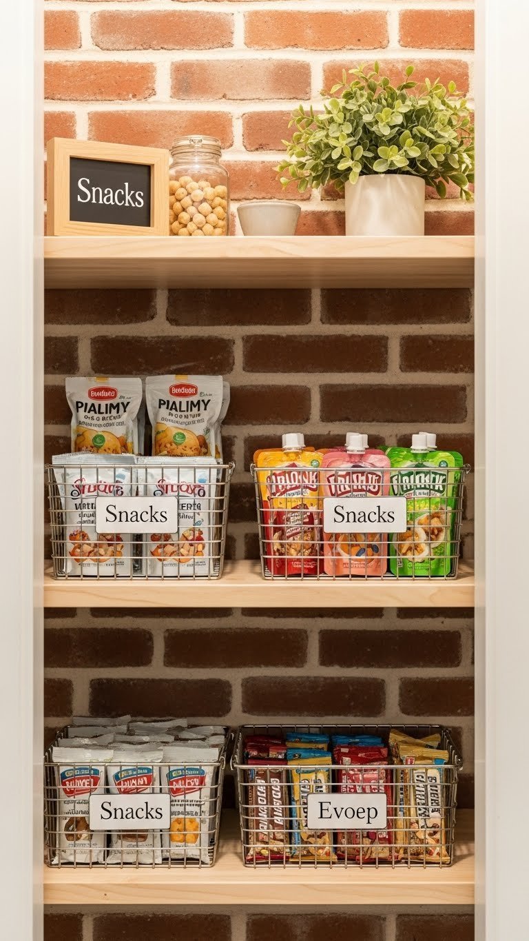 Cozy pantry snack station with labeled wire baskets and clear containers holding individually wrapped snacks on a wooden shelf.