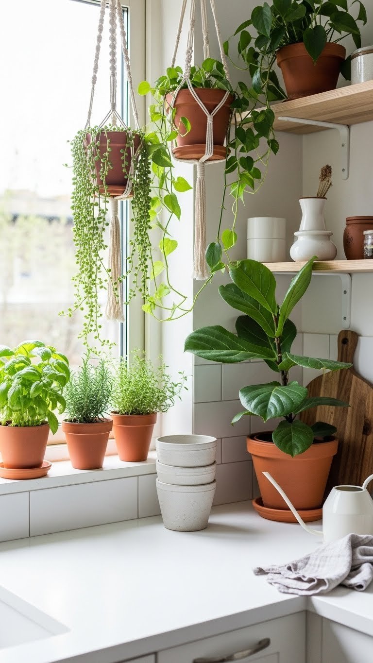 9 Scandi Boho Kitchen Ideas: Create Your Dream Cozy Space 3 Cozy plant corner in bright Scandi Boho kitchen with hanging plants, herbs on windowsill, and fiddle leaf fig