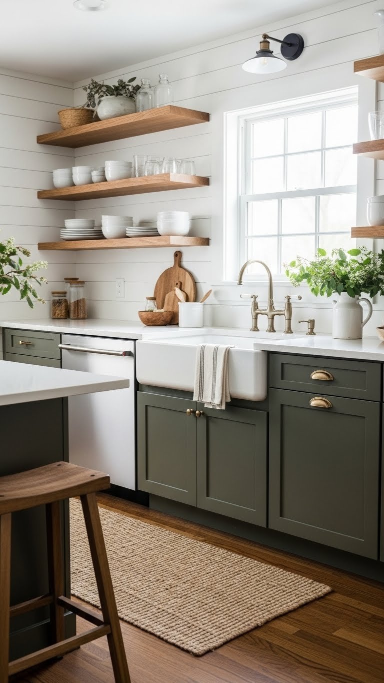 Cozy rustic dark olive green kitchen featuring shaker cabinets, white farmhouse sink, wood open shelving, and white dishes.